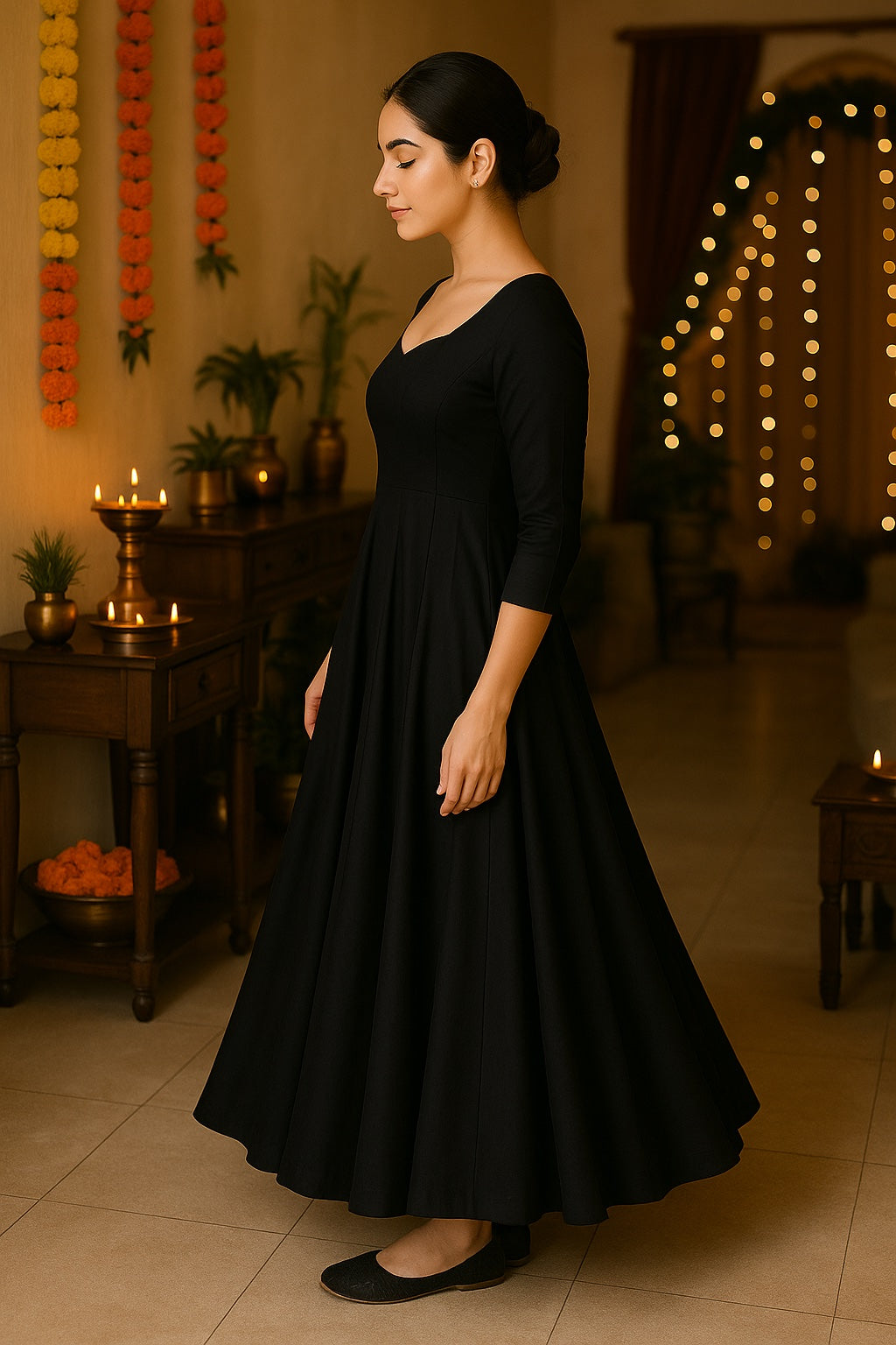 Zyra Bloom – Vertical Panel Flared Anarkali Dress in Black Glace Cotton
