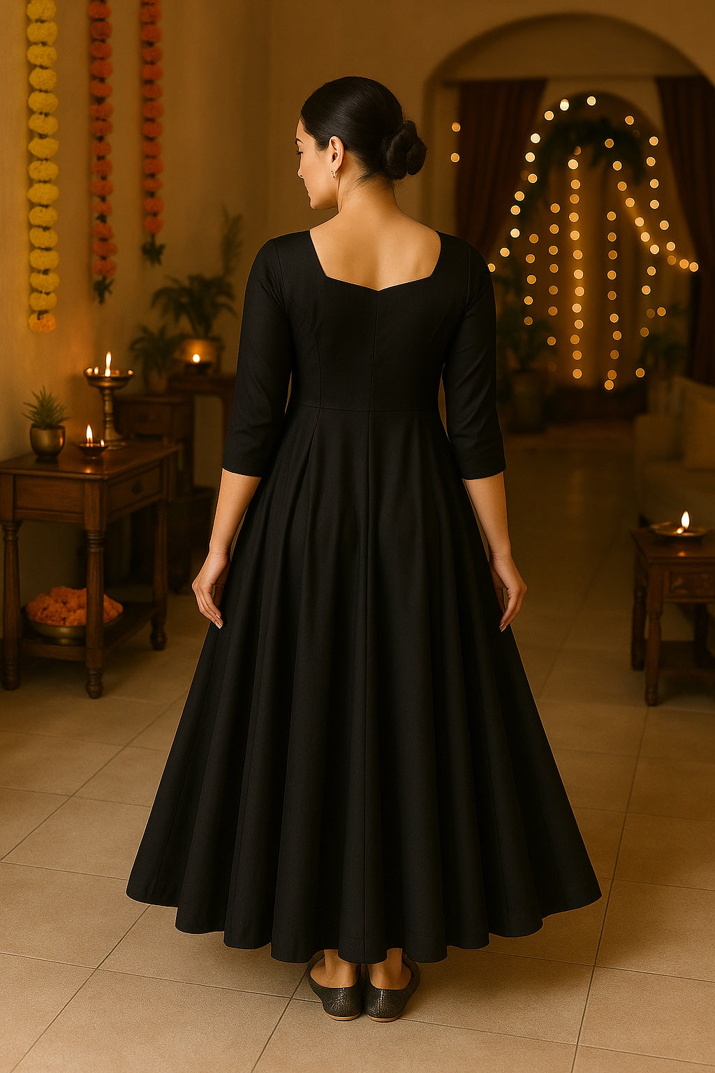 Zyra Bloom – Vertical Panel Flared Anarkali Dress in Black Glace Cotton