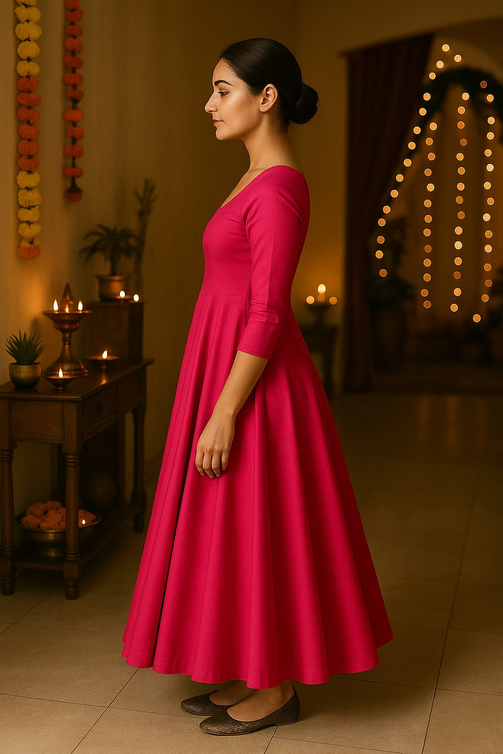 Zyra Bloom – Flared Panel Anarkali Dress in Rani Pink Glace Cotton