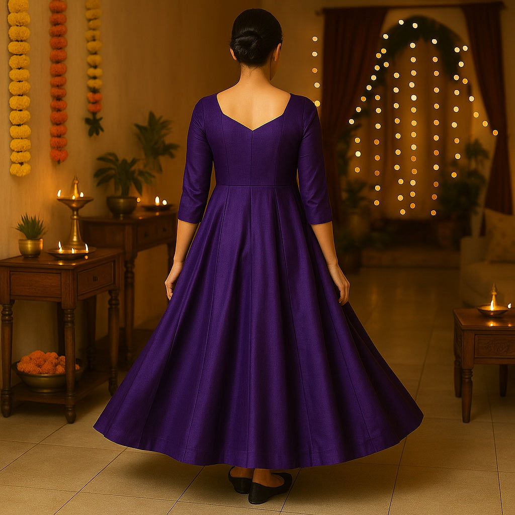 Zyra Bloom – Vertical Panel Flared Anarkali Dress (Purple, Glace Cotton)