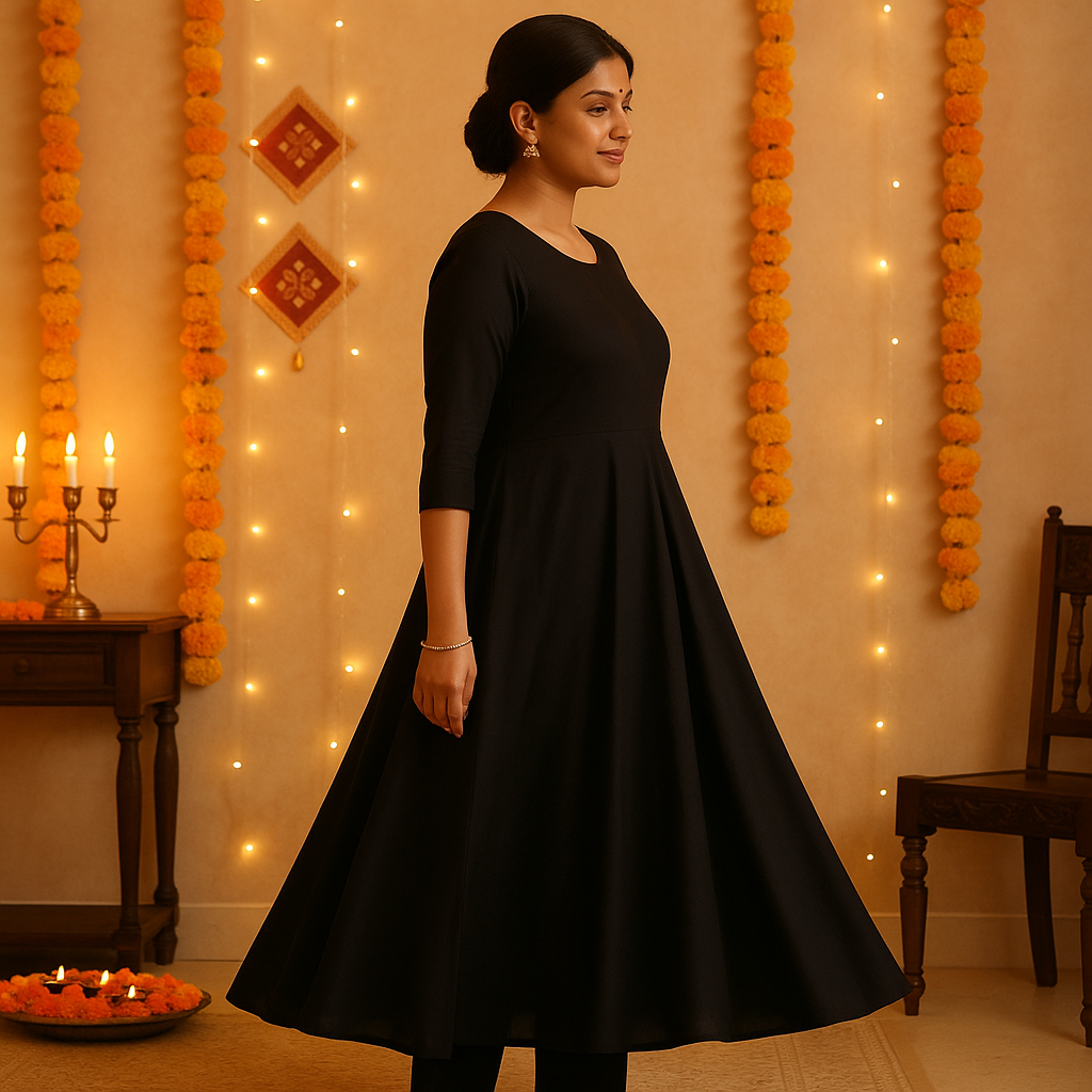 Zyra Bloom – Festive Flared Anarkali Kurti (Black, Glace Cotton)