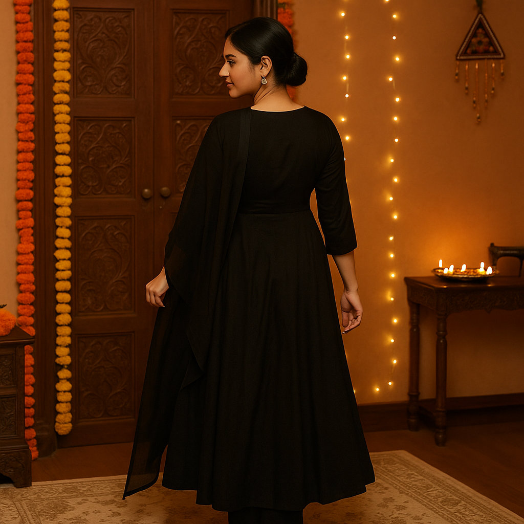 Zyra Bloom – Festive Flared Anarkali Kurti (Black, Glace Cotton)