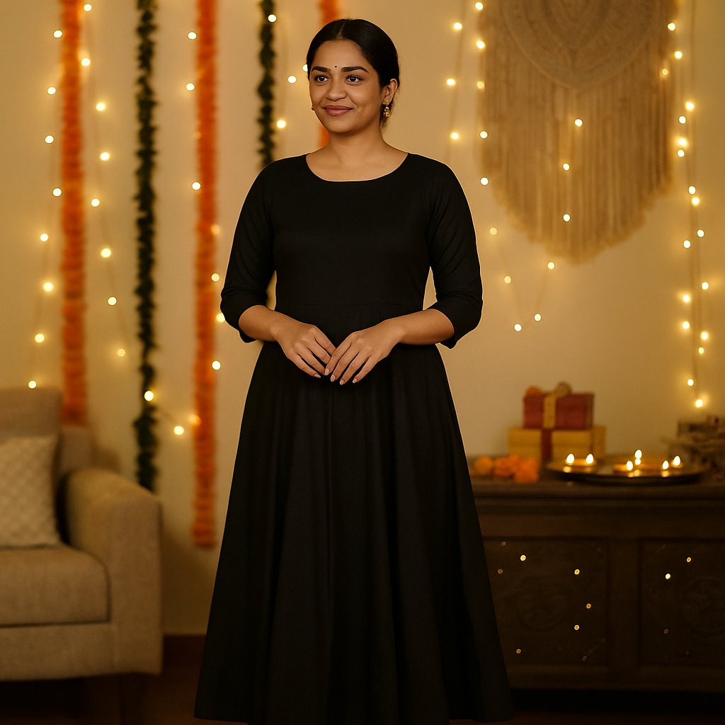 Zyra Bloom – Festive Flared Anarkali Kurti (Black, Glace Cotton)