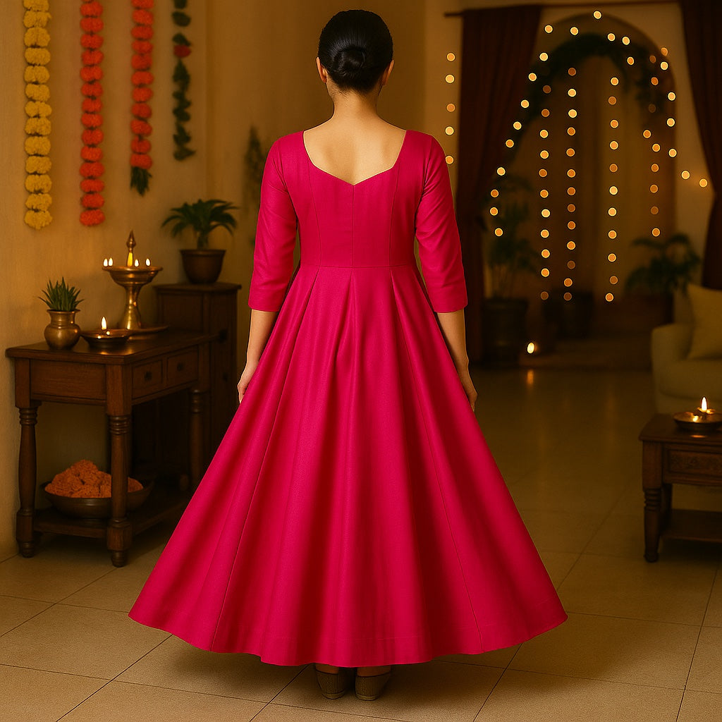 Zyra Bloom – Flared Panel Anarkali Dress in Rani Pink Glace Cotton