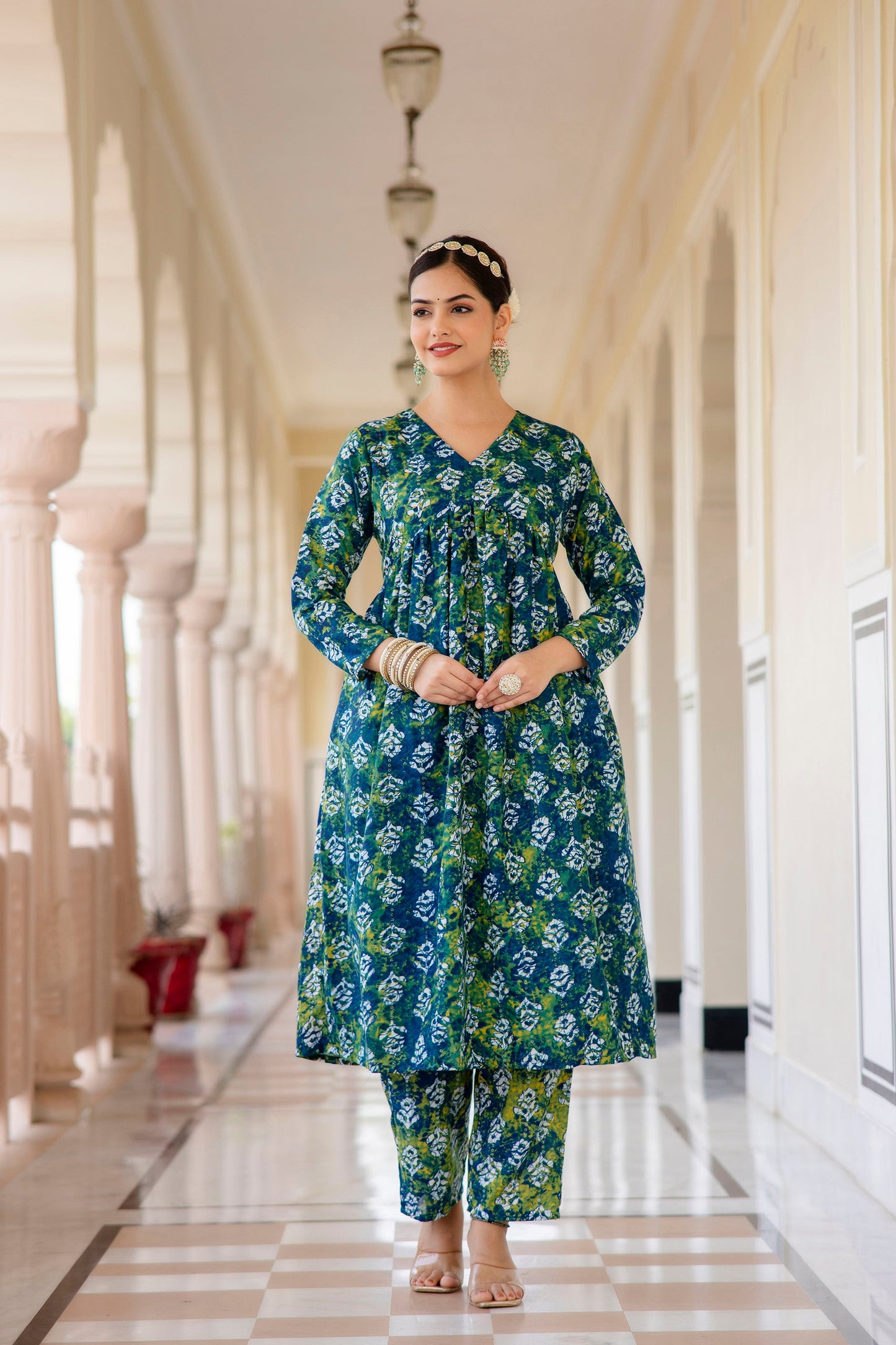 Women Printed Flared Anarkali Kurta and Pant Set with Dupatta