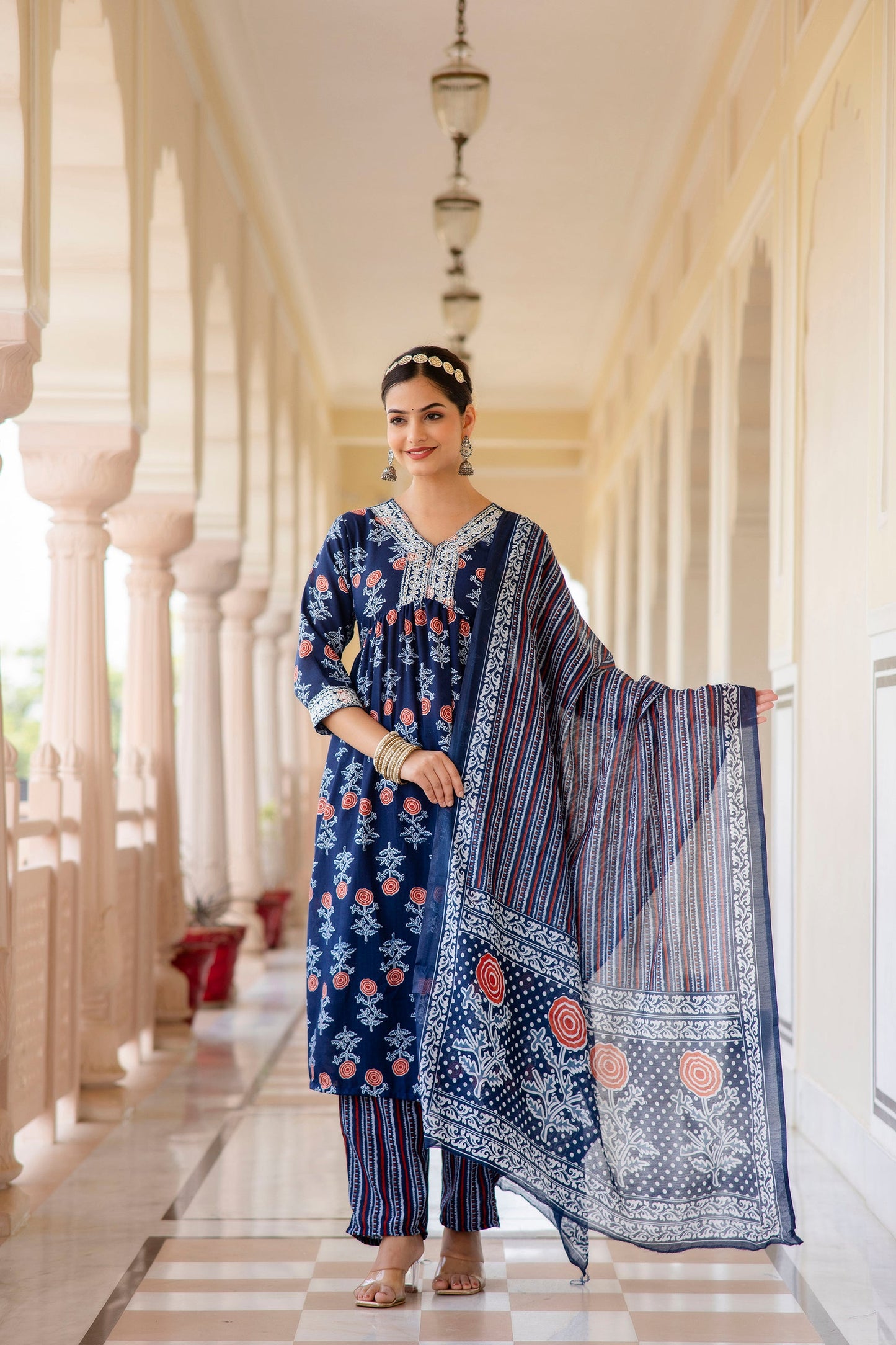 Women Embroidery Worked and Printed Kurta and Pant Set with Dupatta