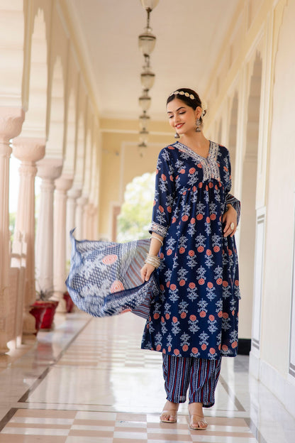 Women Embroidery Worked and Printed Kurta and Pant Set with Dupatta