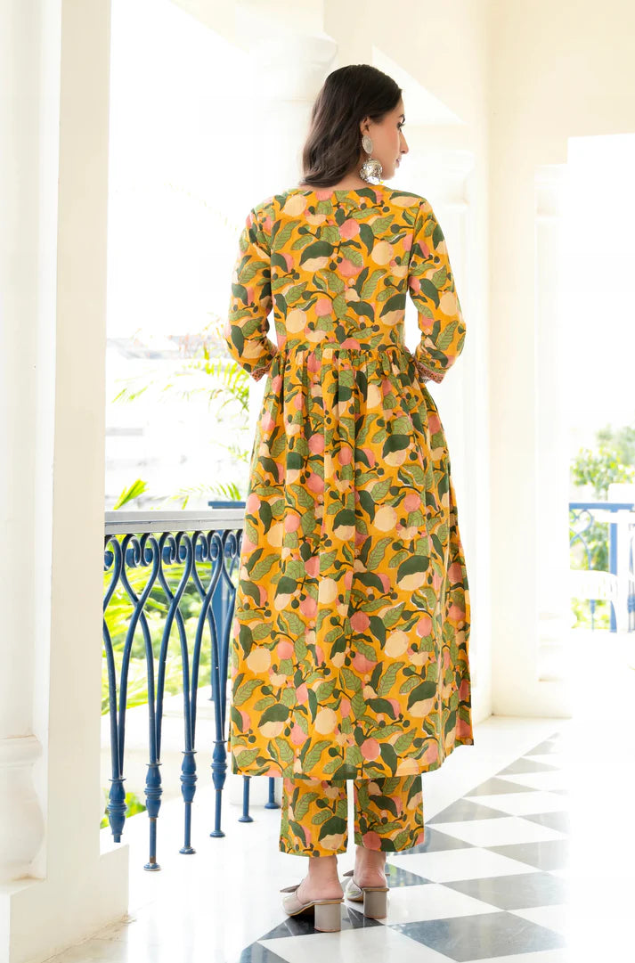 Tropical Green & Yellow Floral Kurta Set – Relaxed Fit with Palazzo and Designer Dupatta