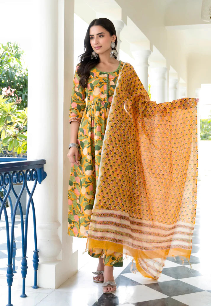 Tropical Green & Yellow Floral Kurta Set – Relaxed Fit with Palazzo and Designer Dupatta