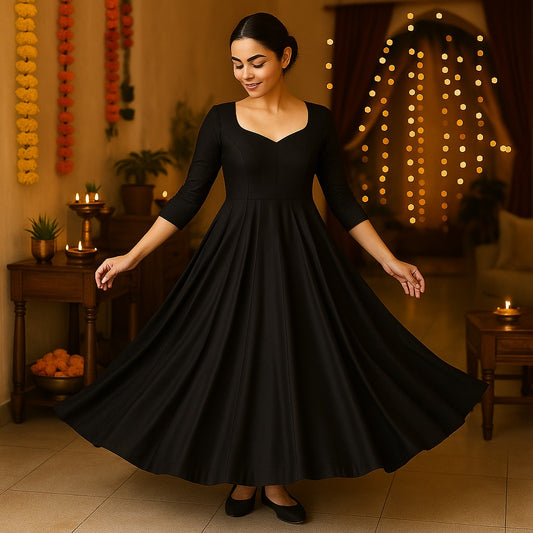 Zyra Bloom – Vertical Panel Flared Anarkali Dress in Black Glace Cotton