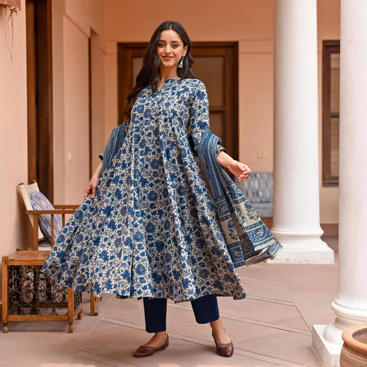 Printed Anarkali Set With Dupatta Set Teal- Blue