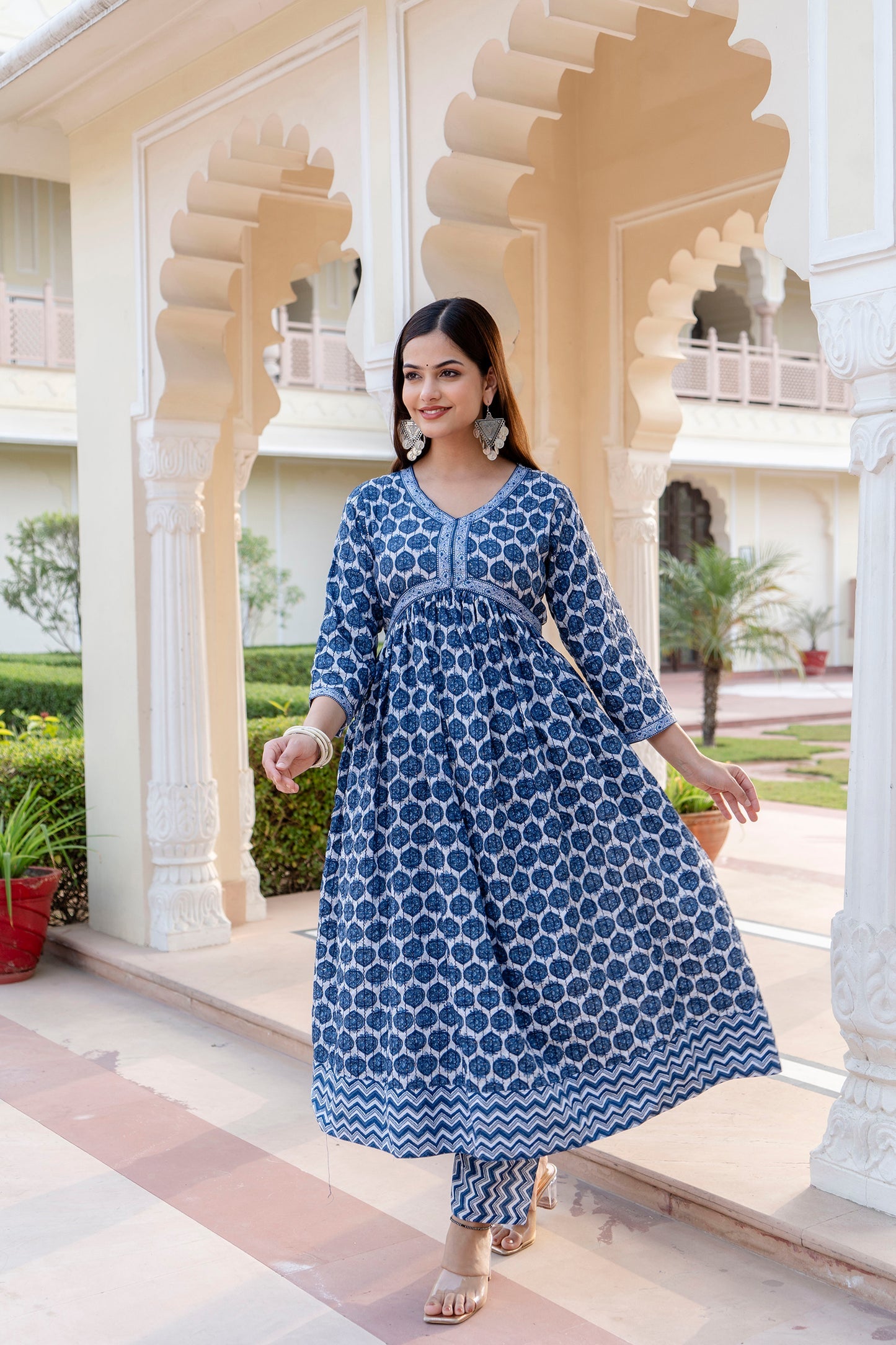 Blue Border Anarkali Kurta Pant with Dupatta