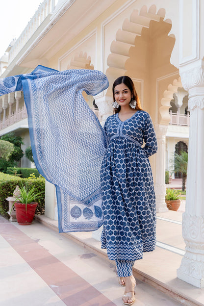 Blue Border Anarkali Kurta Pant with Dupatta