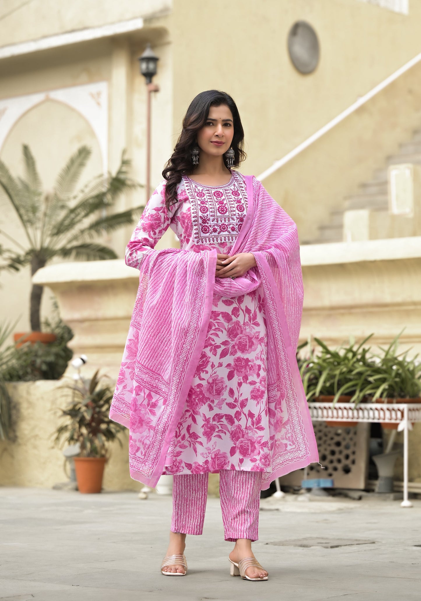 Ethnic set Women Embroidered Flared Kurta and pant set with Dupatta