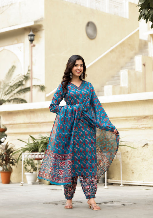 Women Floral Printed Straight Kurta And Afghani Pant Set With Dupatta