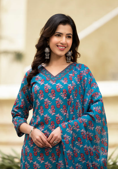 Women Floral Printed Straight Kurta And Afghani Pant Set With Dupatta