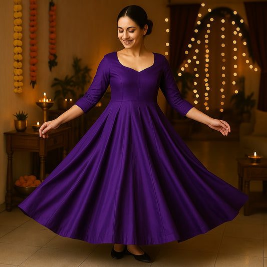 Zyra Bloom – Vertical Panel Flared Anarkali Dress (Purple, Glace Cotton)