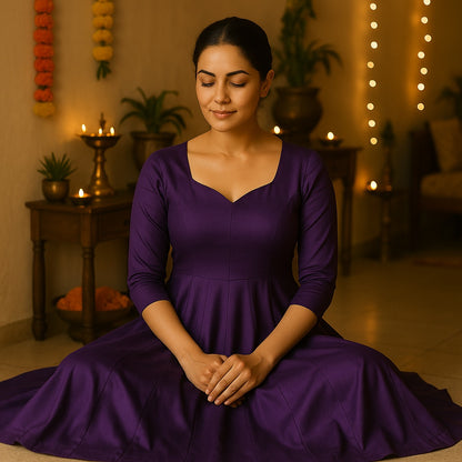 Zyra Bloom – Vertical Panel Flared Anarkali Dress (Purple, Glace Cotton)