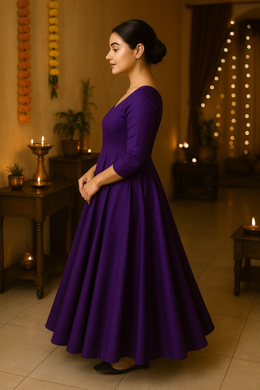 Zyra Bloom – Vertical Panel Flared Anarkali Dress (Purple, Glace Cotton)