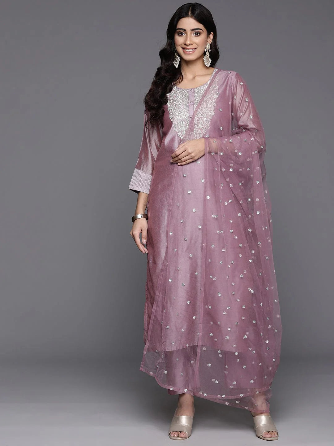 Women’s Mauve Embroidered Chanderi Silk Kurta with Tonal Trousers & Embroidered Net Dupatta – Floral Zari Detailing & Side Slits