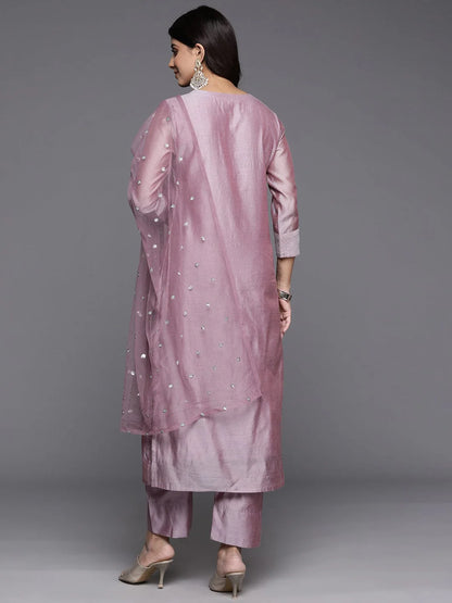 Women’s Mauve Embroidered Chanderi Silk Kurta with Tonal Trousers & Embroidered Net Dupatta – Floral Zari Detailing & Side Slits