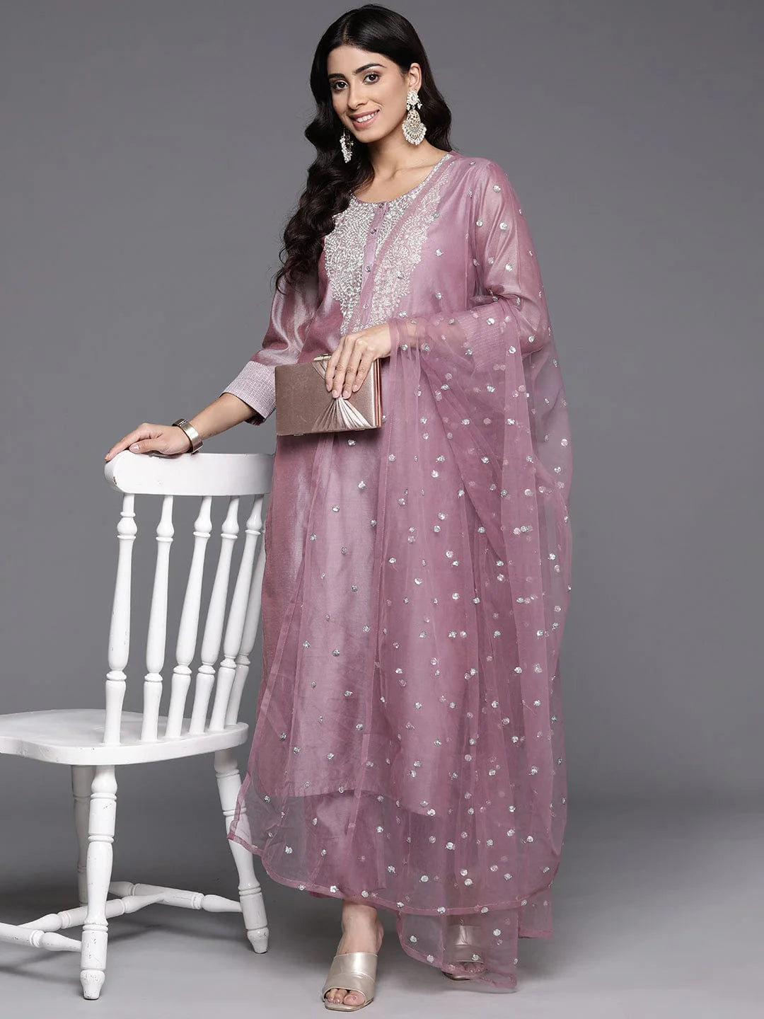 Women’s Mauve Embroidered Chanderi Silk Kurta with Tonal Trousers & Embroidered Net Dupatta – Floral Zari Detailing & Side Slits