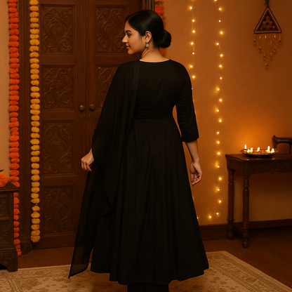 Zyra Bloom – Festive Flared Anarkali Kurti (Black, Glace Cotton)