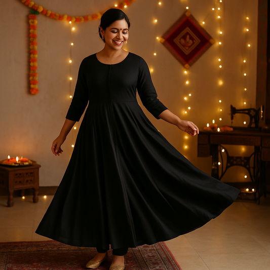 Zyra Bloom – Festive Flared Anarkali Kurti (Black, Glace Cotton)