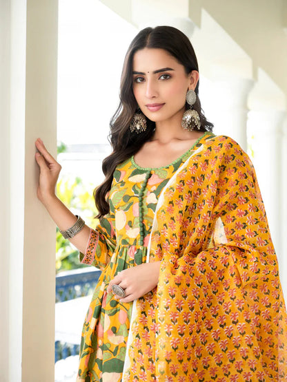 Tropical Green & Yellow Floral Kurta Set – Relaxed Fit with Palazzo and Designer Dupatta