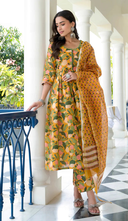 Tropical Green & Yellow Floral Kurta Set – Relaxed Fit with Palazzo and Designer Dupatta