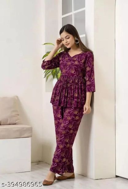 Comfy Graceful Wine Premium Rayon Women Printed Elegant Top Coord Set