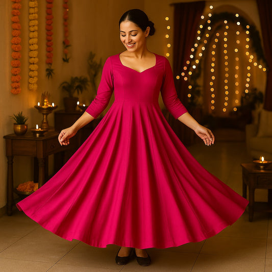 Zyra Bloom – Flared Panel Anarkali Dress in Rani Pink Glace Cotton